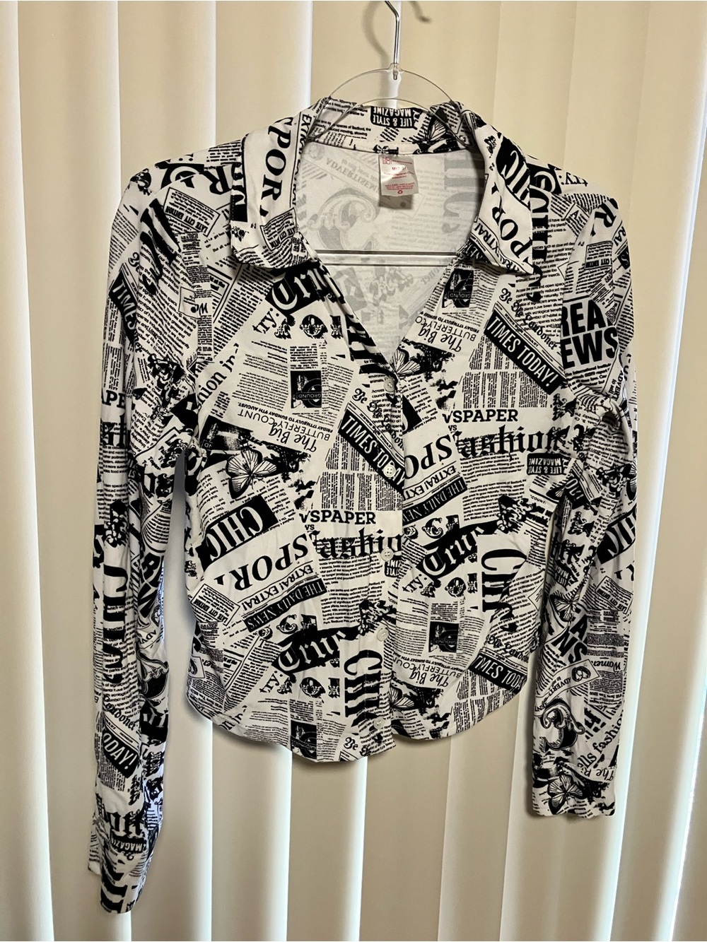 No Boundaries Black & White Newspaper-Print Button Down Shirt